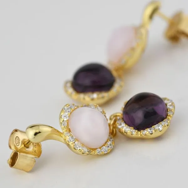 BOR138DV Orecchini argento placcati oro giallo con fiori quarzo rosa, ametista e zirconi    