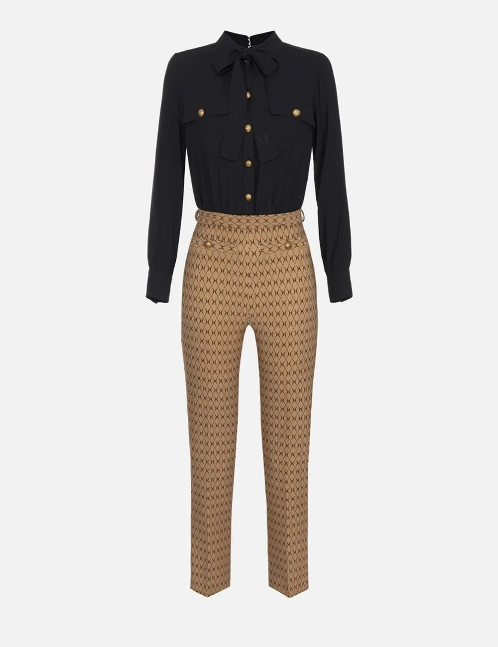 Elisabetta Franchi     Tuta in crêpe stretch stampa rombo con fiocco camel nero